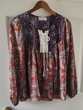 Boho Lace-Up Paisley Peasant Top - Red Multi
